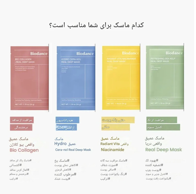 ماسک بایودنس پک 4 مدل ( کلاژن، آبرسان، ضدلک، ضد التهاب )