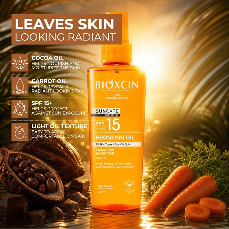 روغن ضد آفتاب و برنزه کننده بیوکسین BIOXCIN SPF15 حجم 200 میل